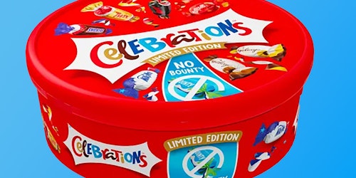 A tub of the Celebrations mixed confectionary tub, with the No-Bounty logo on the front