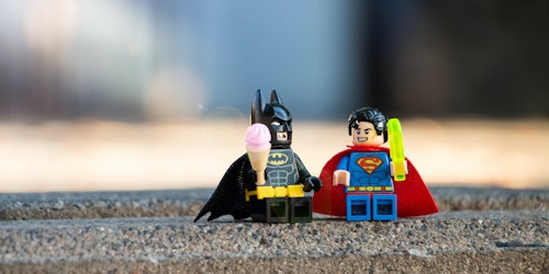 Lego Batman and Superman, enjoying Lego icecreams