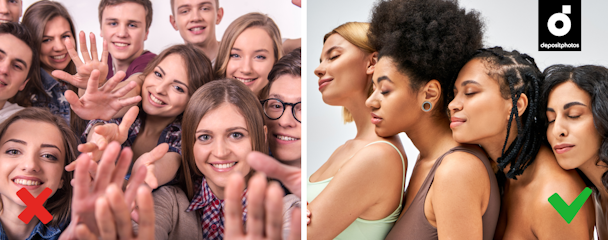 Two images, a 'wrong' and a 'right'. The wrong image is a group selfie. The right image is a a more natural image of four women.