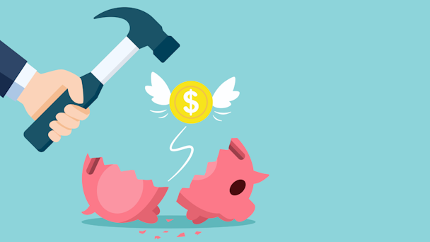 Broken piggy bank illustration with hammer