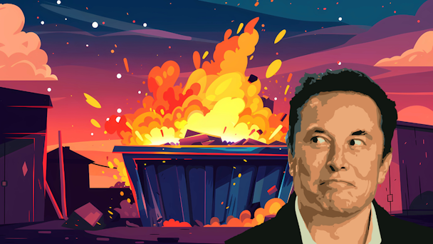 Illustration of Elon Musk next to explosion