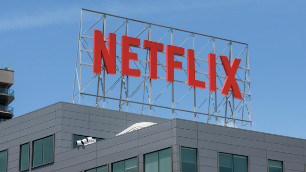 Netflix logo atop building