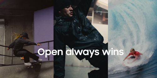 Skate, break and surf images with Open Always Wins written over the top 