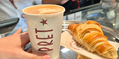 Coffee and pastry with Pret branding 